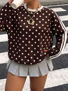 Muchica Casual Streetwear Minimalist Polka Dot Pattern Plus Size Women's T-Shirt Spring Autumn Fall Vacation Formal Brown - Multicolor - View 7
