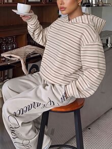 Muchica Casual Minimalist College Style Retro Striped Print Plus Size Sweatshirt, Suitable For Summer, Summer Top, Suitable For Daily Commute, Date, Gathering, Autumn/Winter/Summer - Multicolor - View 6