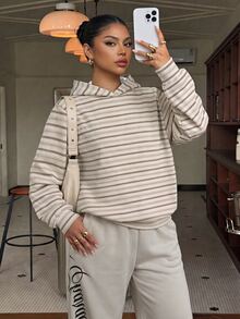 Muchica Casual Minimalist College Style Retro Striped Print Plus Size Sweatshirt, Suitable For Summer, Summer Top, Suitable For Daily Commute, Date, Gathering, Autumn/Winter/Summer - Multicolor - View 2
