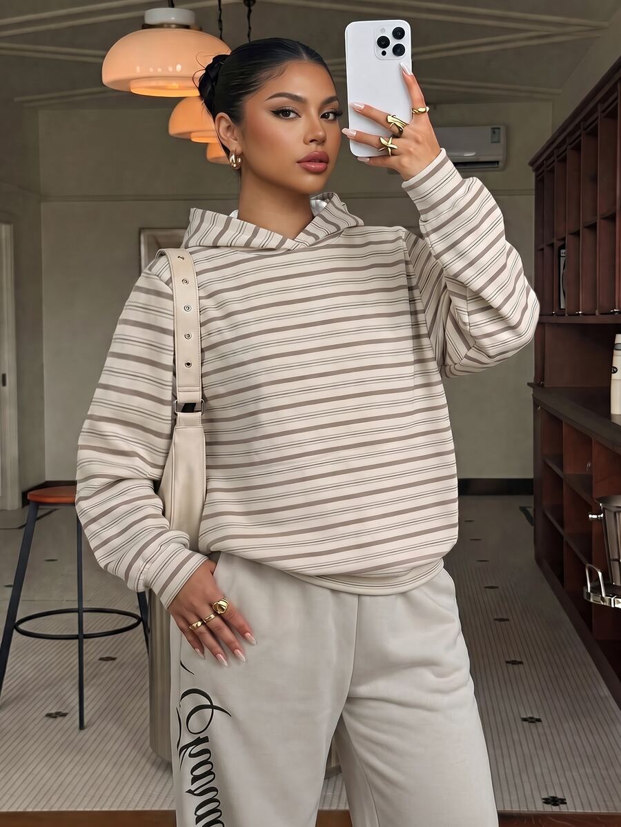 Muchica Casual Minimalist College Style Retro Striped Print Plus Size Sweatshirt, Suitable For Summer, Summer Top, Suitable For Daily Commute, Date, Gathering, Autumn/Winter/Summer