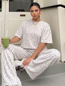 Muchica 復古工裝全白女款兩件套休閒套裝，寬鬆圓領落肩短袖T恤搭配鬆緊腰長褲，夏季針織套裝 - 彩色 - 查看 6