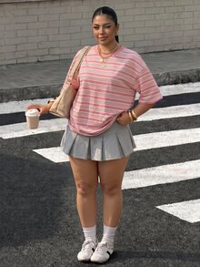 Muchica Plus Size Women's Round Neck Fitted Short Sleeve T-Shirt With Contrast Stripe & Letter Print - Multicolor - View 6