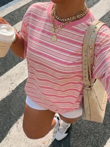 Muchica Plus Size Women's Round Neck Fitted Short Sleeve T-Shirt With Contrast Stripe & Letter Print - Multicolor - View 7