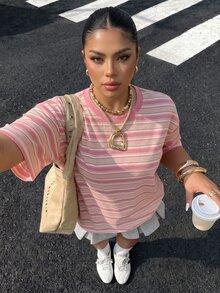 Muchica Plus Size Women's Round Neck Fitted Short Sleeve T-Shirt With Contrast Stripe & Letter Print - Multicolor - View 1