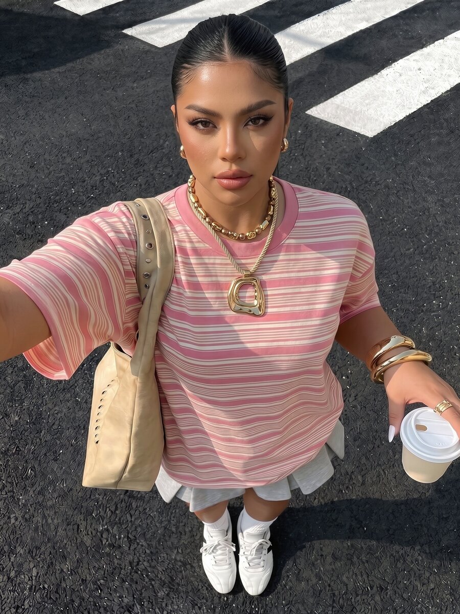 Muchica Plus Size Women's Round Neck Fitted Short Sleeve T-Shirt With Contrast Stripe & Letter Print - Multicolor - View 1