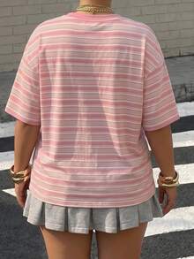 Muchica Plus Size Women's Round Neck Fitted Short Sleeve T-Shirt With Contrast Stripe & Letter Print - Multicolor - View 2