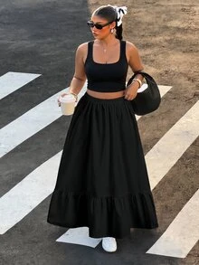 Muchica Casual Vacation Plus Size Women's Black Ruffle Hem Skirt Suitable For Spring And Summer Campus Formal - Multicolor - View 4