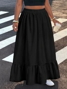 Muchica Casual Vacation Plus Size Women's Black Ruffle Hem Skirt Suitable For Spring And Summer Campus Formal - Multicolor - View 3