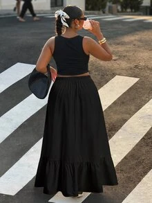Muchica Casual Vacation Plus Size Women's Black Ruffle Hem Skirt Suitable For Spring And Summer Campus Formal - Multicolor - View 2