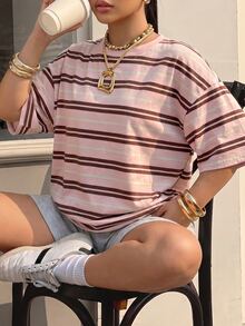 Muchica Plus Size Women Casual Striped Round Neck Short Sleeve T-Shirt - Multicolor - View 3