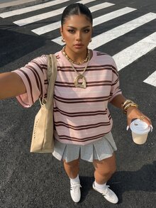 Muchica Plus Size Women Casual Striped Round Neck Short Sleeve T-Shirt - Multicolor - View 4
