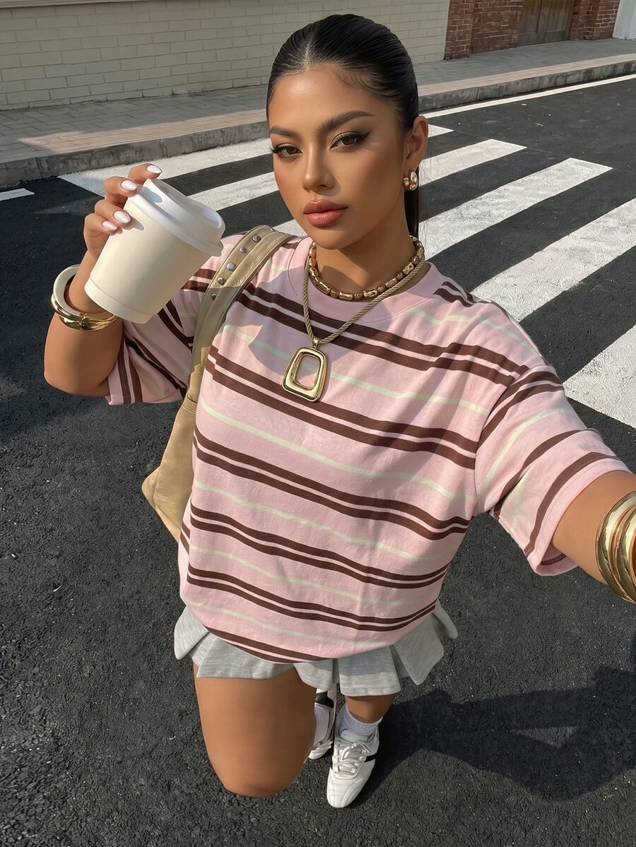 Muchica Plus Size Women Casual Striped Round Neck Short Sleeve T-Shirt - Multicolor - View 1