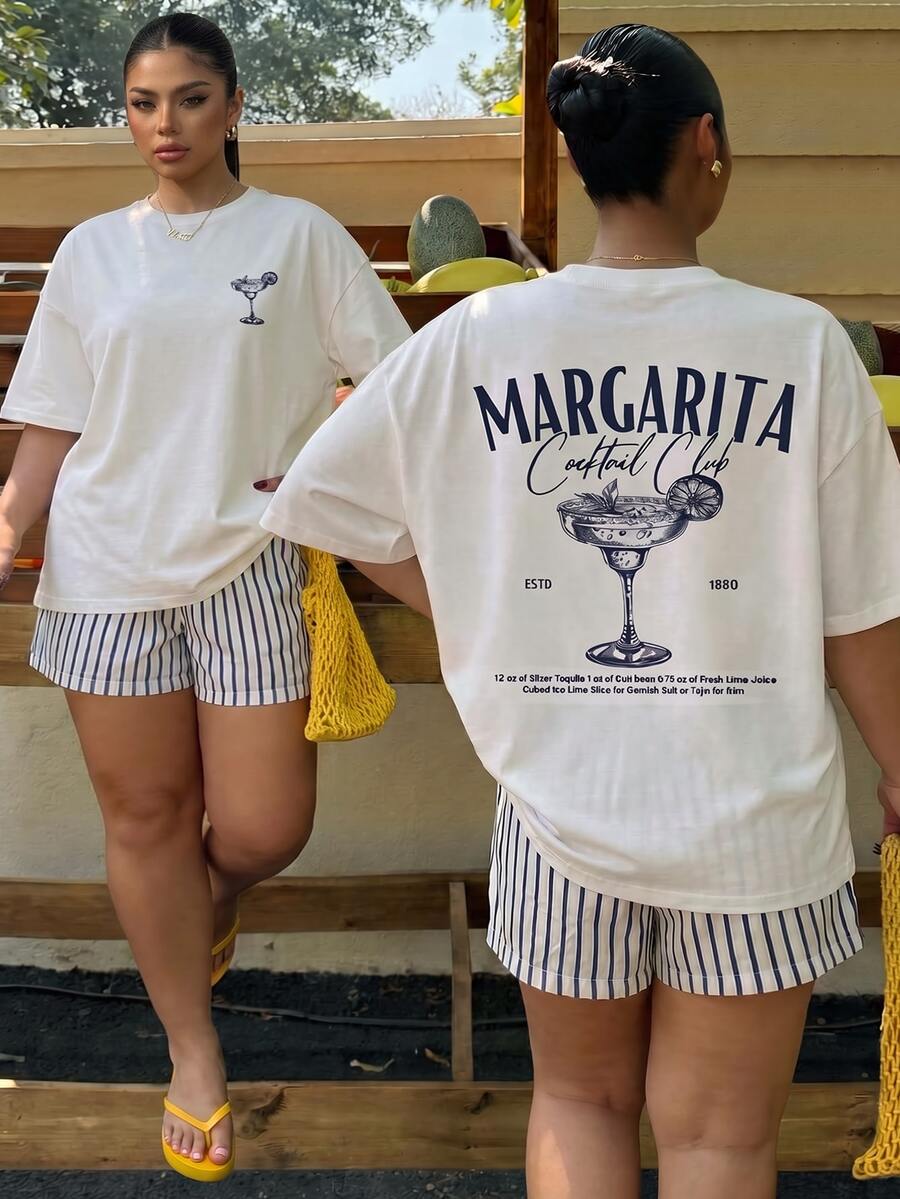 Muchica Women's Summer Letter Cocktail Print Round Neck Short Sleeve T-Shirt And Blue Striped Shorts Casual 2-Piece Set, Suitable For Spring/Summer, Vacation Wear, Versatile Style Plus Size 2-Piece Set - Multicolor - View 1