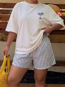 Muchica Women's Summer Letter Cocktail Print Round Neck Short Sleeve T-Shirt And Blue Striped Shorts Casual 2-Piece Set, Suitable For Spring/Summer, Vacation Wear, Versatile Style Plus Size 2-Piece Set - Multicolor - View 8