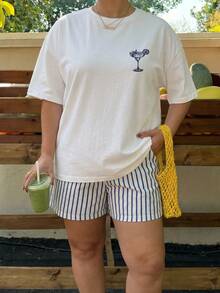 Muchica Women's Summer Letter Cocktail Print Round Neck Short Sleeve T-Shirt And Blue Striped Shorts Casual 2-Piece Set, Suitable For Spring/Summer, Vacation Wear, Versatile Style Plus Size 2-Piece Set - Multicolor - View 6