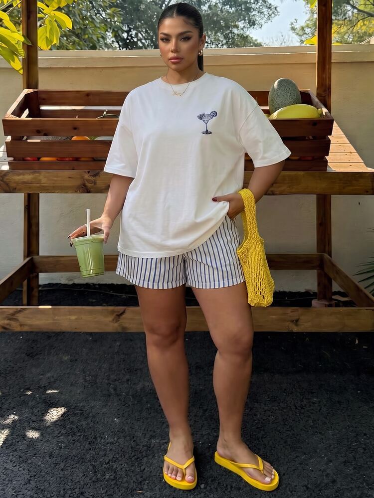 Muchica Women's Summer Letter Cocktail Print Round Neck Short Sleeve T-Shirt And Blue Striped Shorts Casual 2-Piece Set, Suitable For Spring/Summer, Vacation Wear, Versatile Style Plus Size 2-Piece Set - Multicolor - View 5
