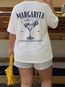 Muchica Women's Summer Letter Cocktail Print Round Neck Short Sleeve T-Shirt And Blue Striped Shorts Casual 2-Piece Set, Suitable For Spring/Summer, Vacation Wear, Versatile Style Plus Size 2-Piece Set - Multicolor - View 2