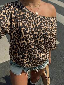 Muchica Women's Leopard Print Casual Minimalist Off-Shoulder Loose Short Sleeve T-Shirt Plus Size - Multicolor - View 7
