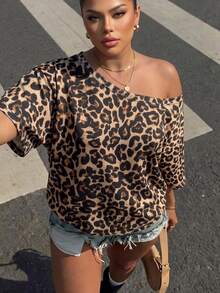 Muchica Women's Leopard Print Casual Minimalist Off-Shoulder Loose Short Sleeve T-Shirt Plus Size - Multicolor - View 6