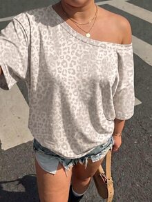 Muchica Plus Size Fashion Leopard Print Asymmetric Neck T-Shirt Streetwear Western 90s Casual Vacation Formal Going Out White Summer - Multicolor - View 5