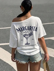 Muchica 女款休閒街頭風極簡度假風白色文青字母印花露肩寬鬆短袖T恤 春/夏 大尺碼 - 彩色 - 查看 2