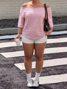 Muchica 休閒極簡風粉色條紋印花露肩落肩短袖寬鬆女款T恤，秋季上衣，冬/夏季，旅行，優雅 - 彩色 - 查看 4