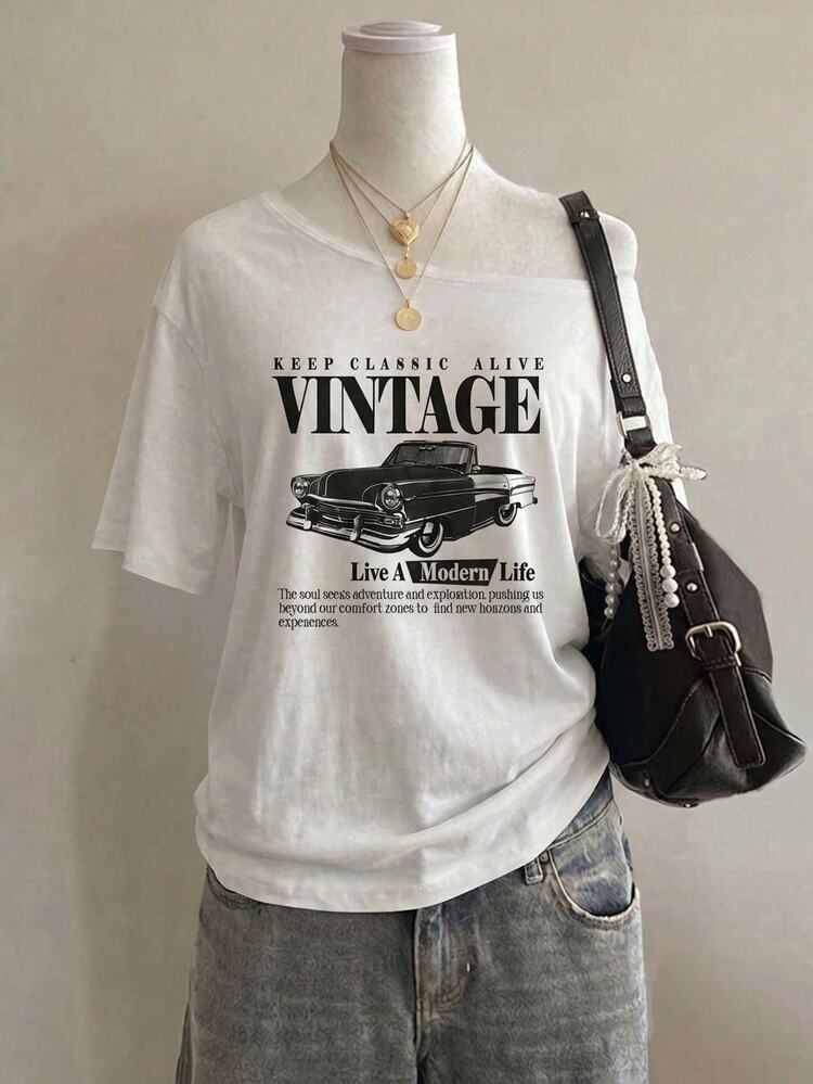 Muchica Women's Casual Off-Shoulder T-Shirt, Vintage Style, Racing Graphic, Y2K Style, Summer Clothing, Casual Streetwear, Versatile Preppy Style, Daily Wear, Suitable For Commuting, Dating, Plus Size T-Shirt - Multicolor - View 9