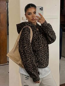 Muchica Plus Size Women's Leopard Print Hooded Fashion Versatile Sweatshirt Winter - Multicolor - View 1