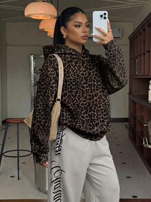 Muchica Plus Size Women's Leopard Print Hooded Fashion Versatile Sweatshirt Winter - Multicolor - View 4