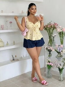 Muchica 大尺碼黃色夏季檸檬印花休閒前抽繩鏤空刺繡背心，適合日常通勤、約會、派對、秋冬/夏季、婚禮、海灘、畢業典禮，時尚優雅、休閒百搭，適合出遊、通勤、情人節、Y2K - 鵝黃色 - 查看 6