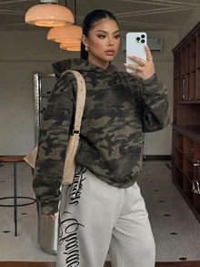 Muchica Plus Size Women's Camouflage Casual Swaggy Dressy Versatile Everyday Sweatshirt Fall Vacation Beach Formal Olive Green - Multicolor - View 3