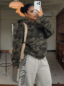 Muchica Plus Size Women's Camouflage Casual Swaggy Dressy Versatile Everyday Sweatshirt Fall Vacation Beach Formal Olive Green - Multicolor - View 1