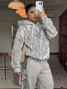 Muchica Casual Minimalist Street Style Washed Effect Branch Camouflage Full Print Pattern Thin Hooded Sweatshirt Plus Size Suitable For Autumn/Winter Spring/Summer Matching, Sporty Style - Multicolor - View 3