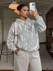Muchica Casual Minimalist Street Style Washed Effect Branch Camouflage Full Print Pattern Thin Hooded Sweatshirt Plus Size Suitable For Autumn/Winter Spring/Summer Matching, Sporty Style - Multicolor - View 1