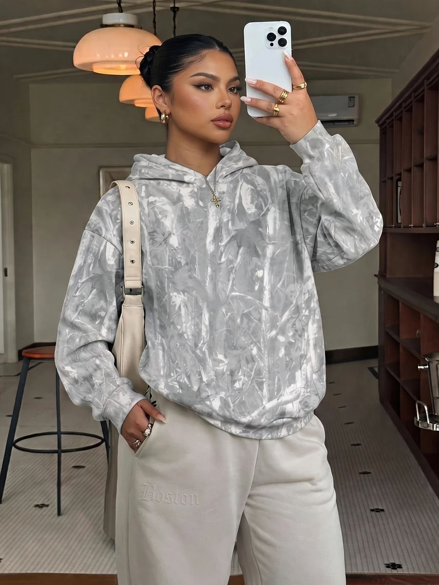 Muchica Casual Minimalist Street Style Washed Effect Branch Camouflage Full Print Pattern Thin Hooded Sweatshirt Plus Size Suitable For Autumn/Winter Spring/Summer Matching, Sporty Style - Multicolor - View 1