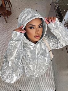 Muchica Casual Minimalist Street Style Washed Effect Branch Camouflage Full Print Pattern Thin Hooded Sweatshirt Plus Size Suitable For Autumn/Winter Spring/Summer Matching, Sporty Style - Multicolor - View 6