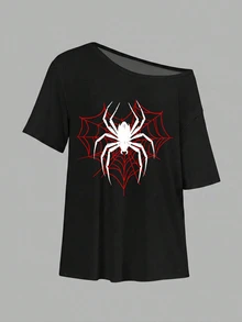 Muchica Spider Web Print Plus Size T-Shirt, Suitable For Daily Commute Evening, Dating, Party, Wedding, Beach, Graduation Outing, Novelty, Y2K Style - Multicolor - View 4