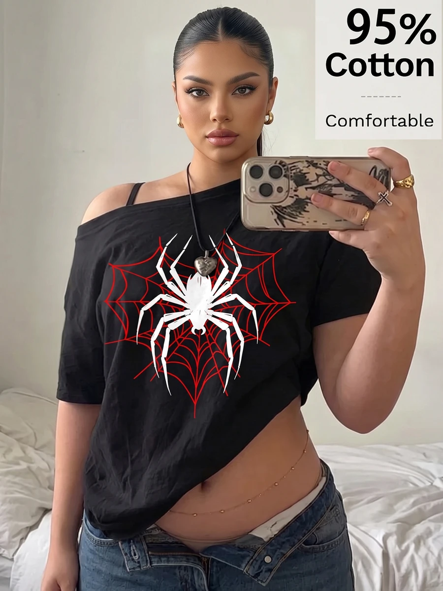 Muchica Spider Web Print Plus Size T-Shirt, Suitable For Daily Commute Evening, Dating, Party, Wedding, Beach, Graduation Outing, Novelty, Y2K Style - Multicolor - View 1