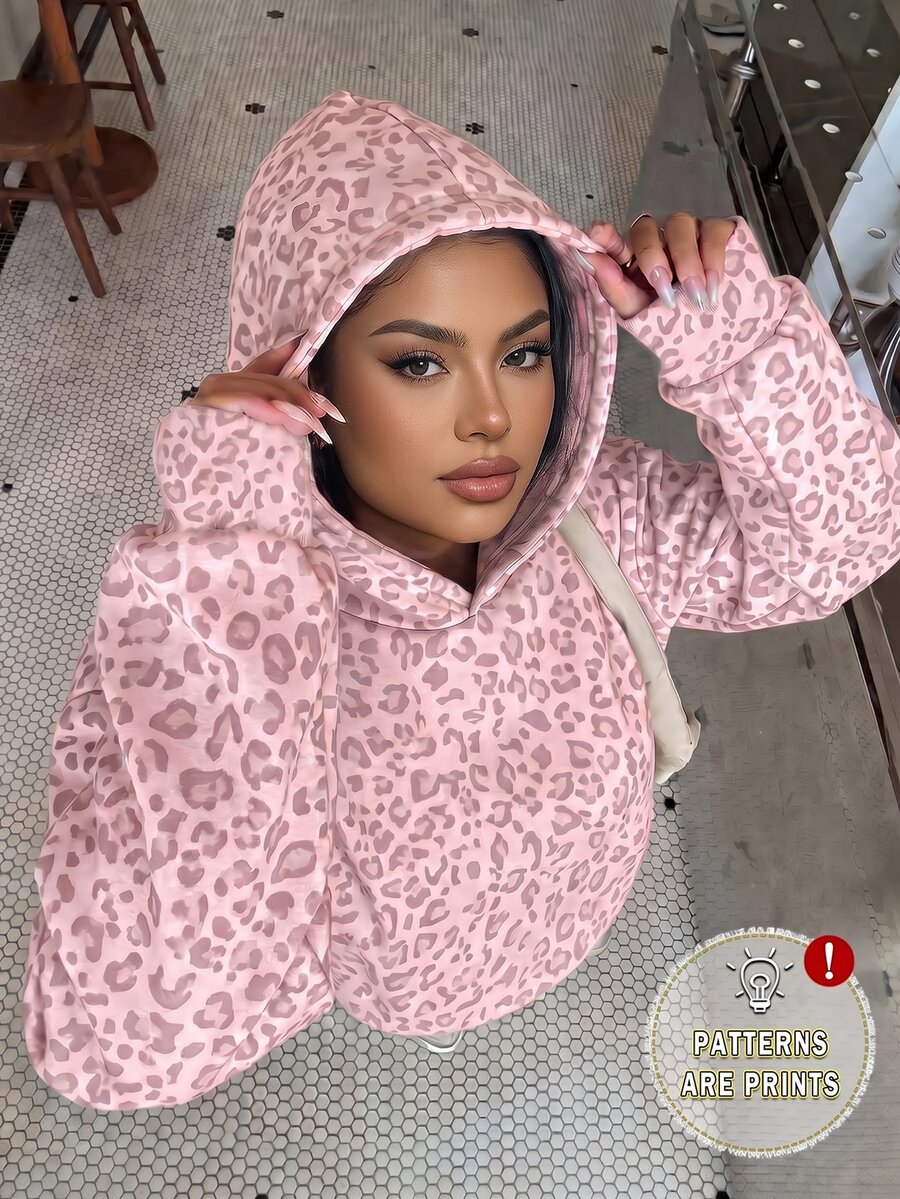 Muchica Casual Minimalist College Style Retro Pink Leopard Print Plus Size Sweatshirt, Suitable For Daily Commute, Dating, Autumn/Winter/Halloween, Christmas, - Multicolor - View 1