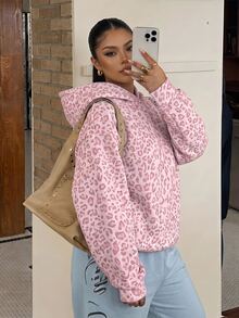Muchica Casual Minimalist College Style Retro Pink Leopard Print Plus Size Sweatshirt, Suitable For Daily Commute, Dating, Autumn/Winter/Halloween, Christmas, - Multicolor - View 5