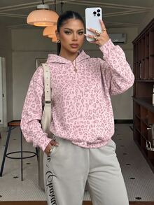 Muchica Casual Minimalist College Style Retro Pink Leopard Print Plus Size Sweatshirt, Suitable For Daily Commute, Dating, Autumn/Winter/Halloween, Christmas, - Multicolor - View 4