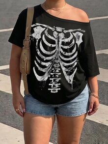 Muchica Halloween Skeleton Punk Streetwear Goth Anti Social Plus Size T-Shirt Suitable For Party Concert Club And Music Festival Black Summer - Multicolor - View 5