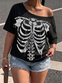 Muchica Halloween Skeleton Punk Streetwear Goth Anti Social Plus Size T-Shirt Suitable For Party Concert Club And Music Festival Black Summer - Multicolor - View 4