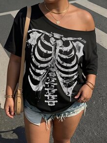 Muchica Halloween Skeleton Punk Streetwear Goth Anti Social Plus Size T-Shirt Suitable For Party Concert Club And Music Festival Black Summer - Multicolor - View 3