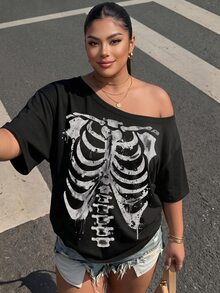 Muchica Halloween Skeleton Punk Streetwear Goth Anti Social Plus Size T-Shirt Suitable For Party Concert Club And Music Festival Black Summer - Multicolor - View 1