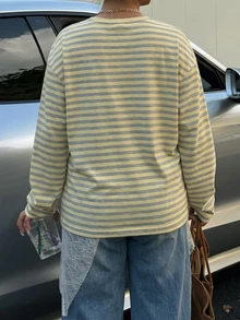Muchica Autumn Casual Kawaii Soft Yellow Striped Horse Pattern Round Neck Long Sleeve Loose Fit T-Shirt Fall Vacation Beach - Multicolor - View 3