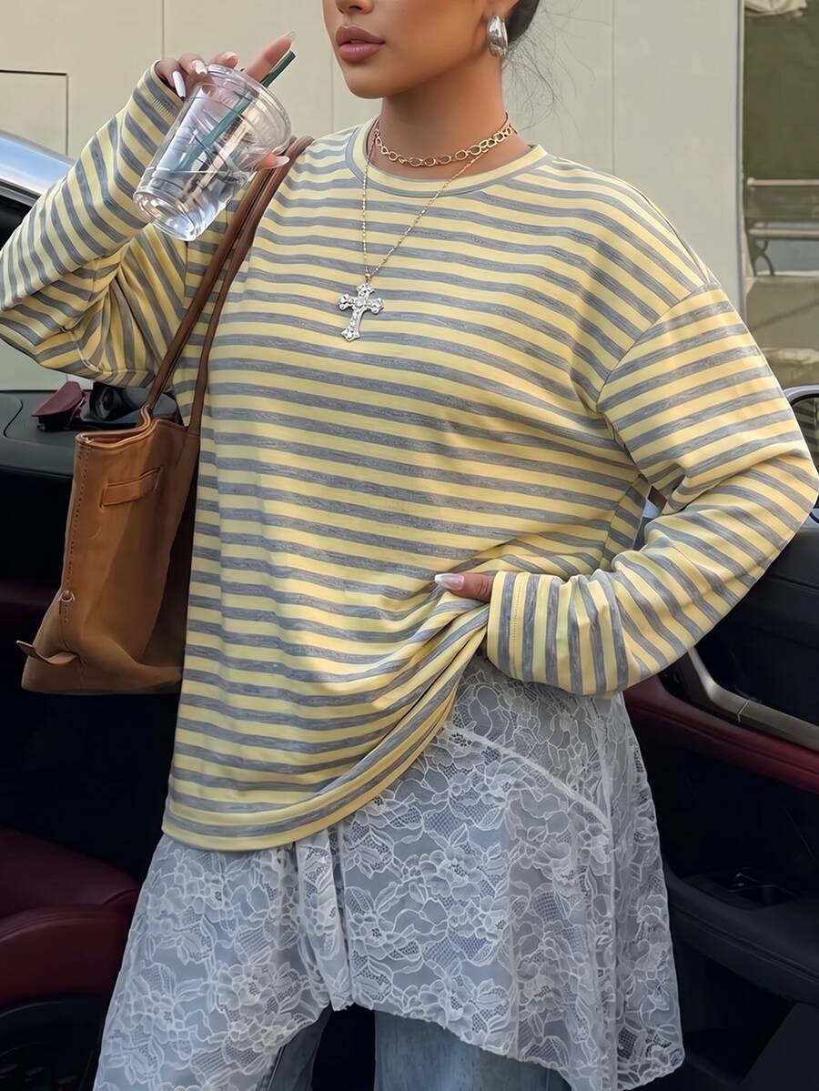 Muchica Autumn Casual Kawaii Soft Yellow Striped Horse Pattern Round Neck Long Sleeve Loose Fit T-Shirt Fall Vacation Beach