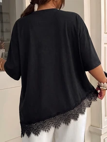 Muchica Plus Contrast Lace Asymmetrical Hem Drop Shoulder Tee Formal Going Out Black Summer Casual Elegant - Multicolor - View 2