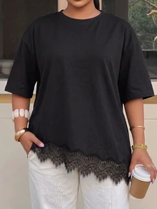 Muchica Plus Contrast Lace Asymmetrical Hem Drop Shoulder Tee Formal Going Out Black Summer Casual Elegant - Multicolor - View 5
