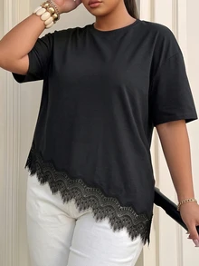 Muchica Plus Contrast Lace Asymmetrical Hem Drop Shoulder Tee Formal Going Out Black Summer Casual Elegant - Multicolor - View 4